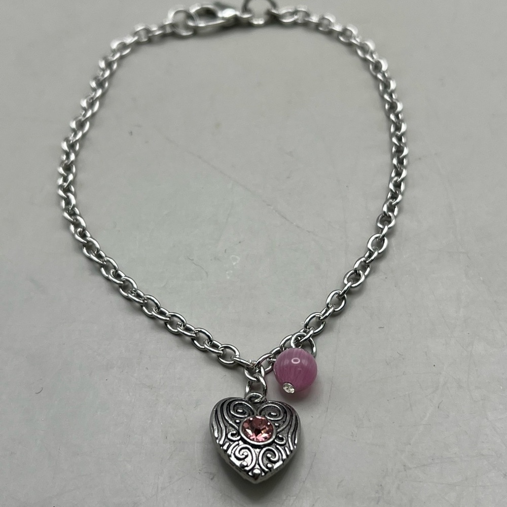 Silver Tone Chain Heart Charm Bracelet with Pink Accents -chic & Romantic